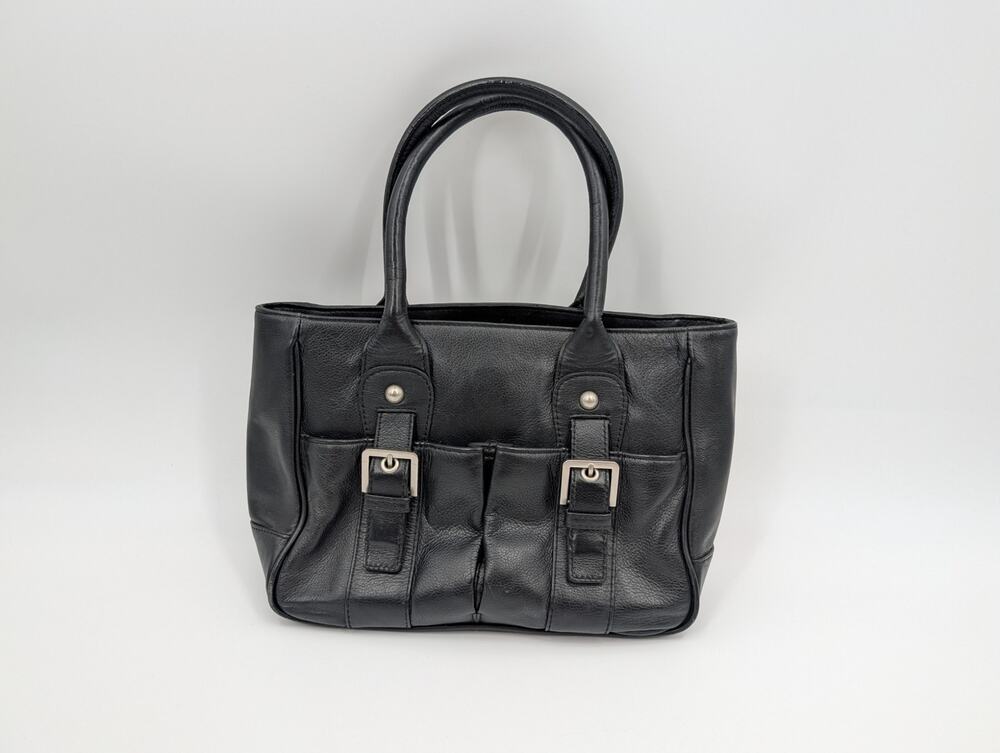 Audrey Brooke Handbag Black Leather Double Handles Satchel Silver Hardware